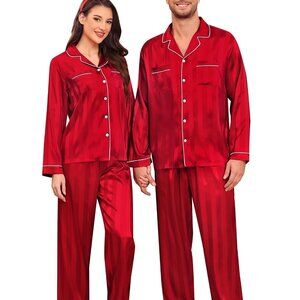 Silky Long Sleeve Button Down Pajama Set Elegant Family Matching Sleepwear